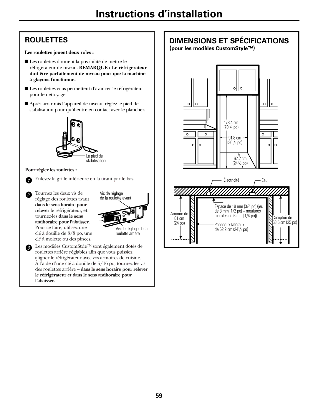 GE 162D9625P005, 49-60111 installation instructions Roulettes, Dimensions ET Spécifications 