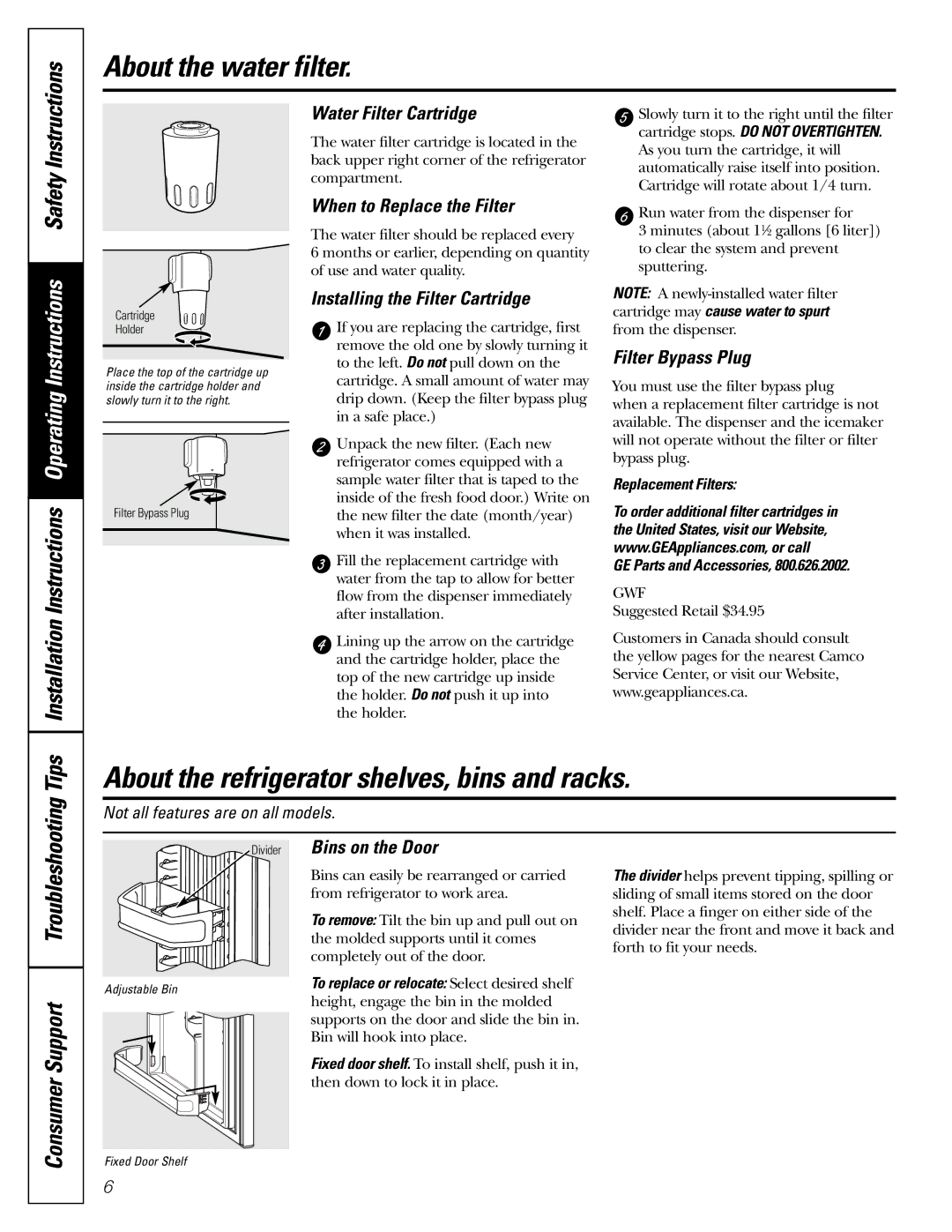 GE 49-60111, 162D9625P005 installation instructions About the water filter, About the refrigerator shelves, bins and racks 