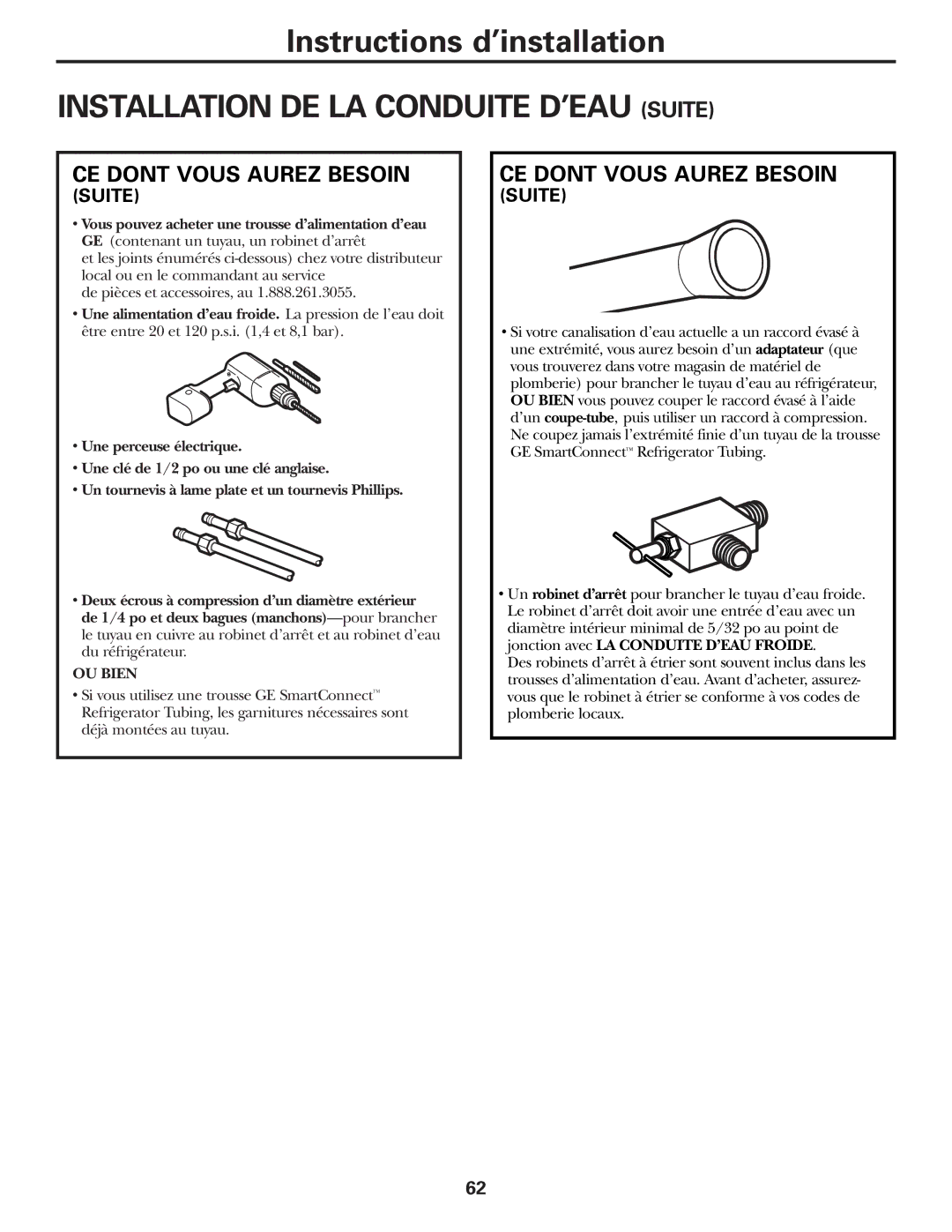 GE 49-60111, 162D9625P005 installation instructions Installation DE LA Conduite D’EAU Suite 