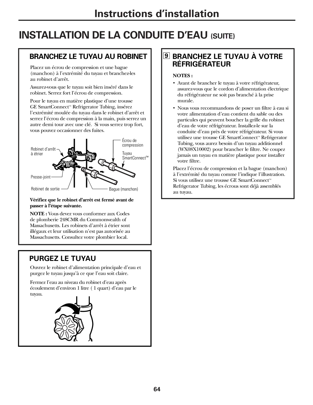 GE 49-60111, 162D9625P005 Branchez LE Tuyau AU Robinet, Branchez LE Tuyau À Votre Réfrigérateur, Purgez LE Tuyau 