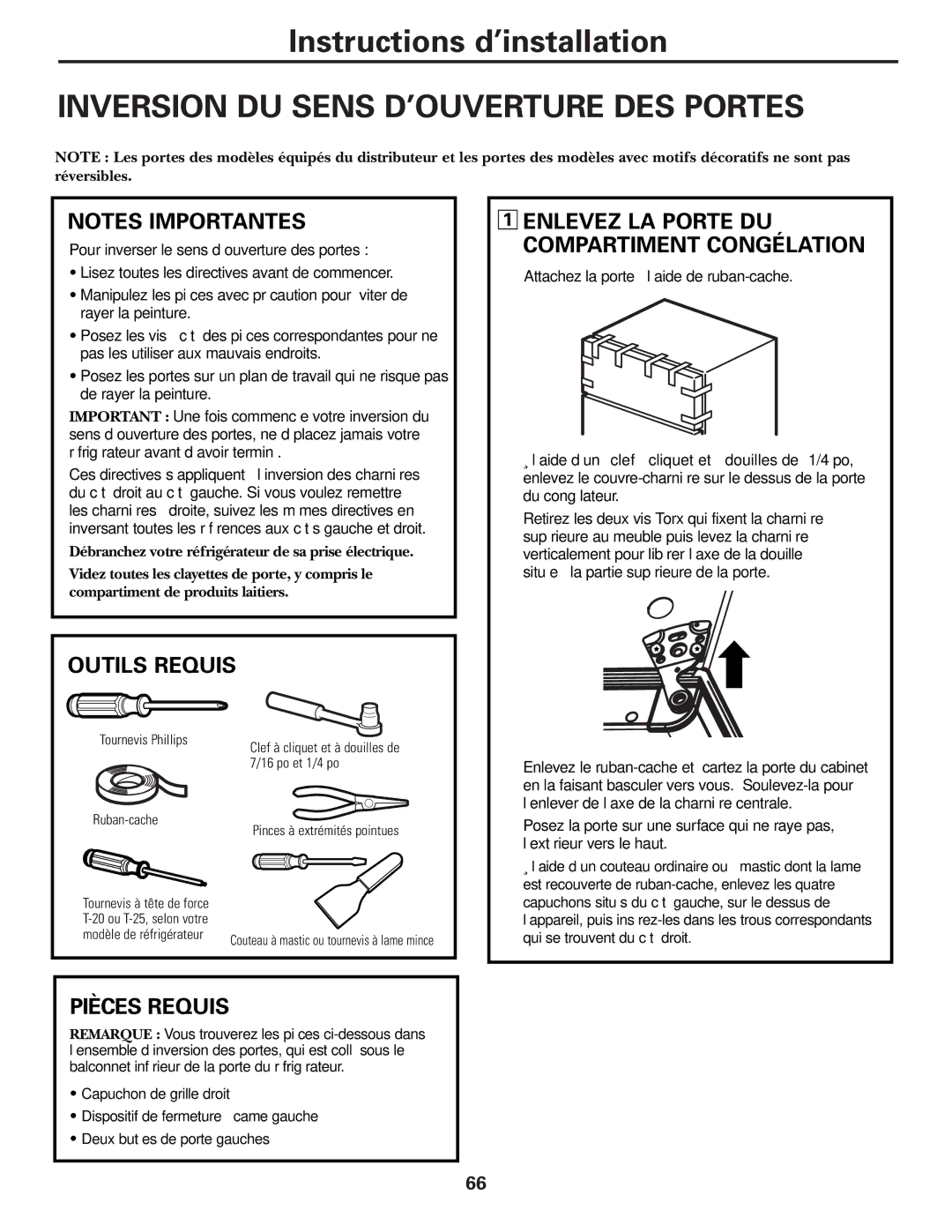 GE 49-60111, 162D9625P005 installation instructions Inversion DU Sens D’OUVERTURE DES Portes, Outils Requis, Pièces Requis 