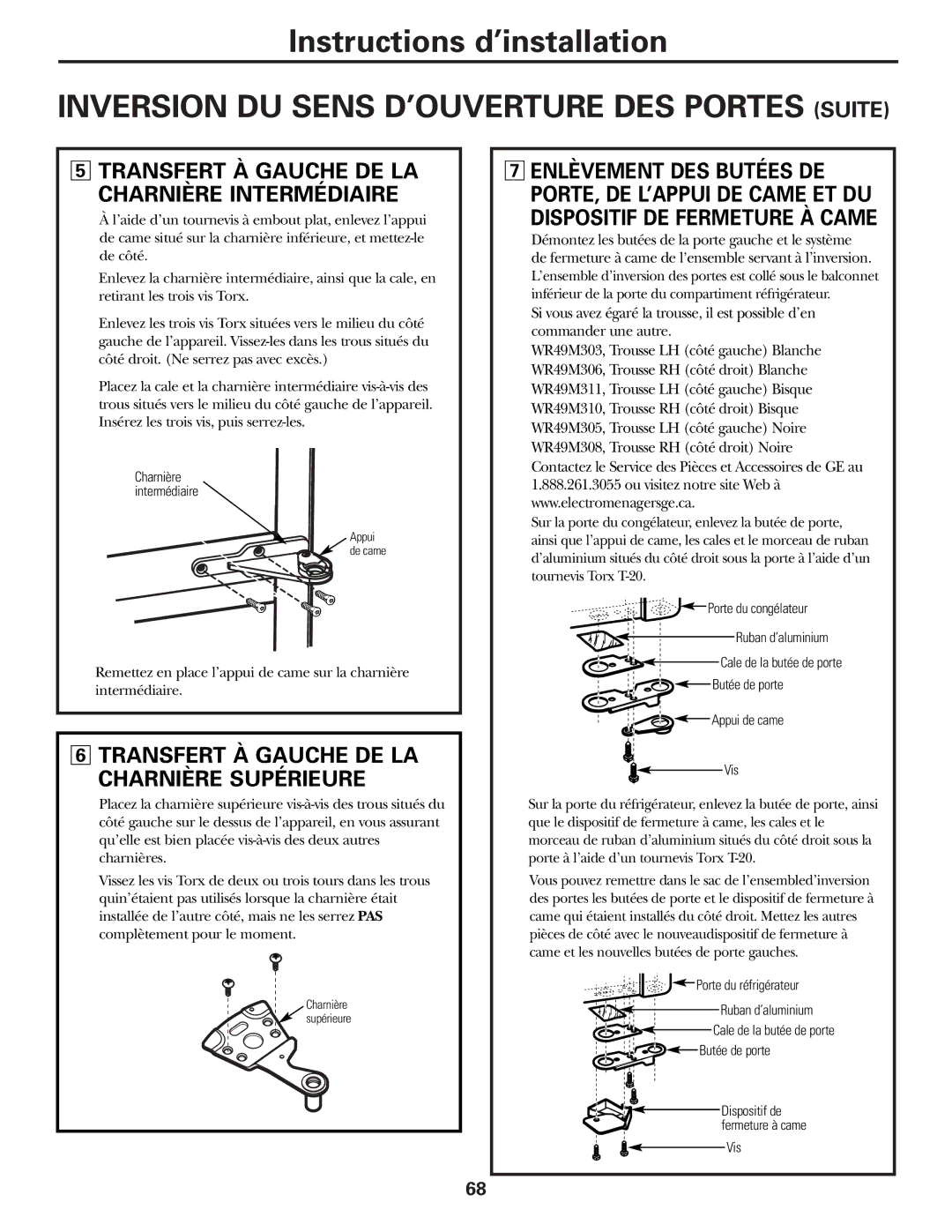 GE 49-60111, 162D9625P005 Inversion DU Sens D’OUVERTURE DES Portes Suite, Transfert À Gauche DE LA Charnière Supérieure 