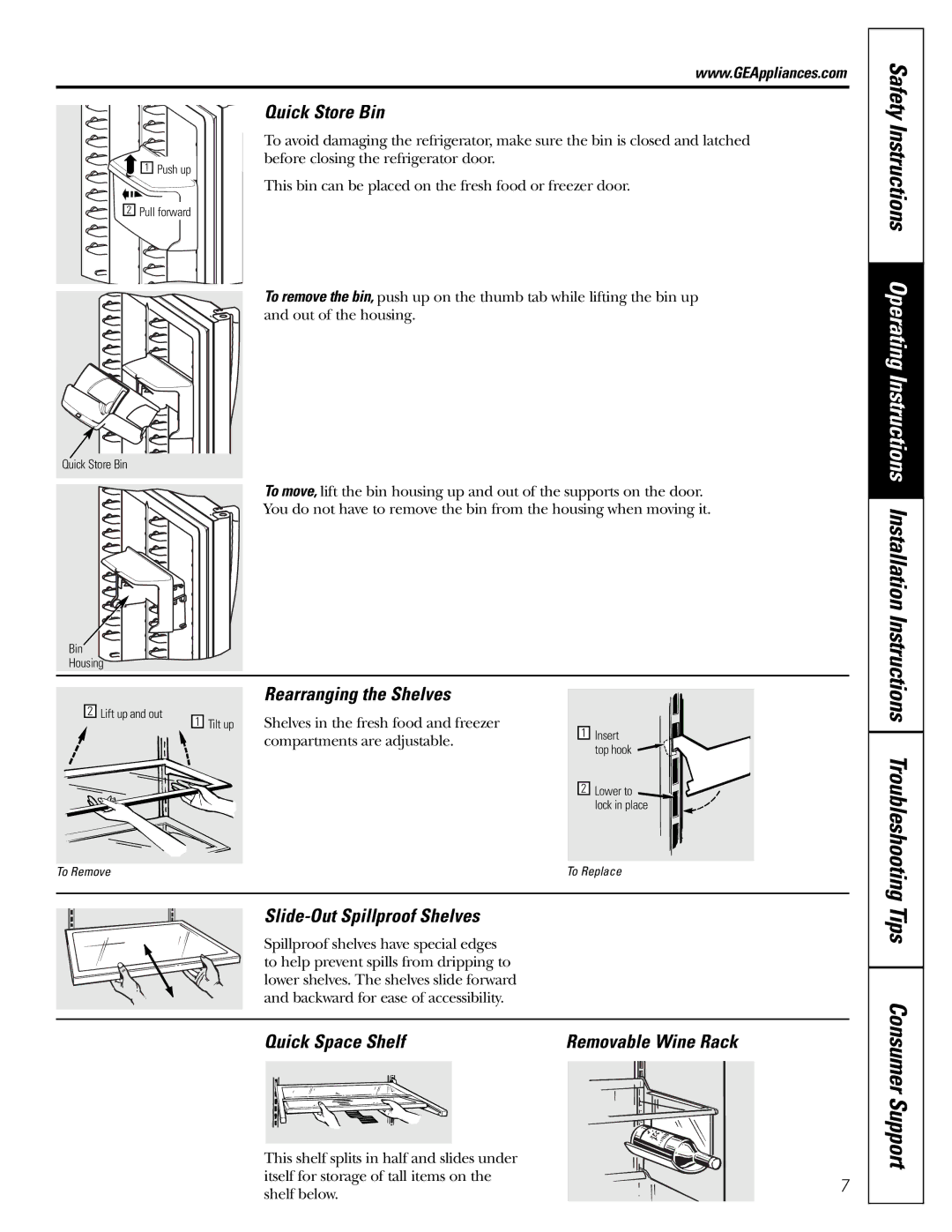 GE 162D9625P005, 49-60111 Quick Store Bin, Rearranging the Shelves, Slide-Out Spillproof Shelves, Quick Space Shelf 