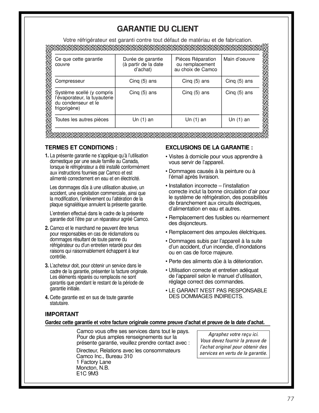 GE 162D9625P005, 49-60111 installation instructions Garantie DU Client 