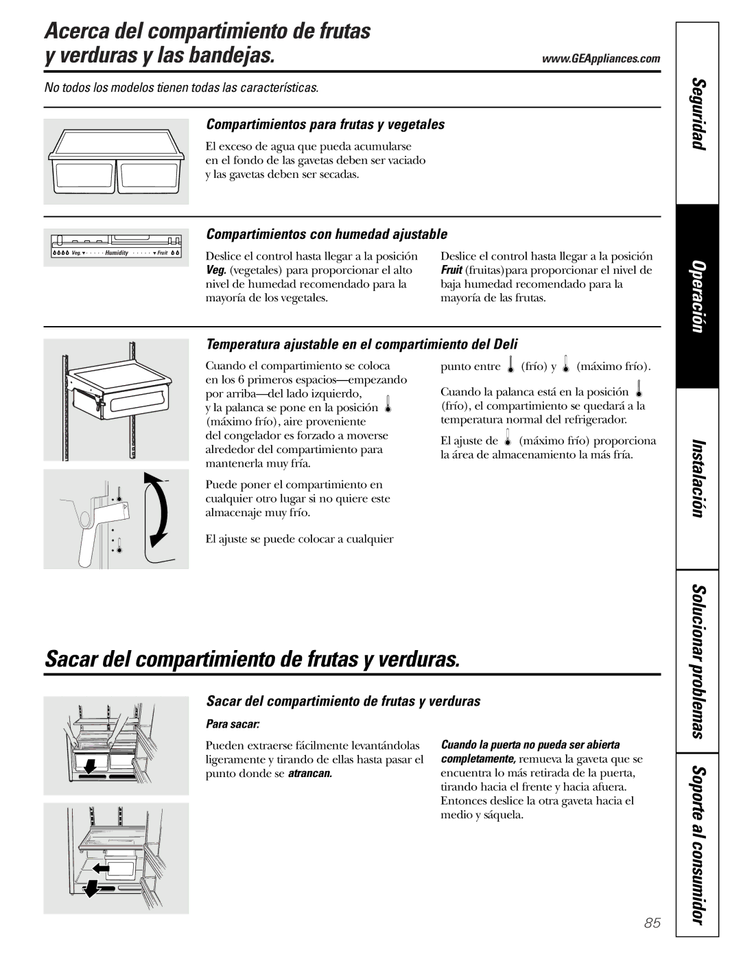 GE 162D9625P005 Acerca del compartimiento de frutas Verduras y las bandejas, Sacar del compartimiento de frutas y verduras 