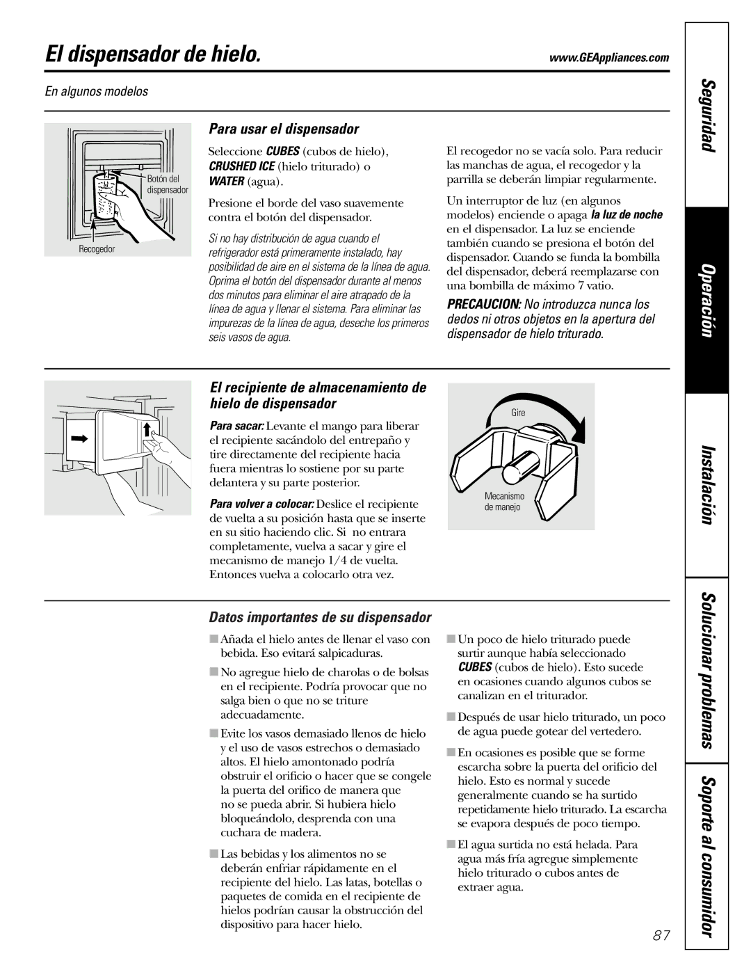 GE 162D9625P005, 49-60111 installation instructions El dispensador de hielo, Para usar el dispensador, En algunos modelos 