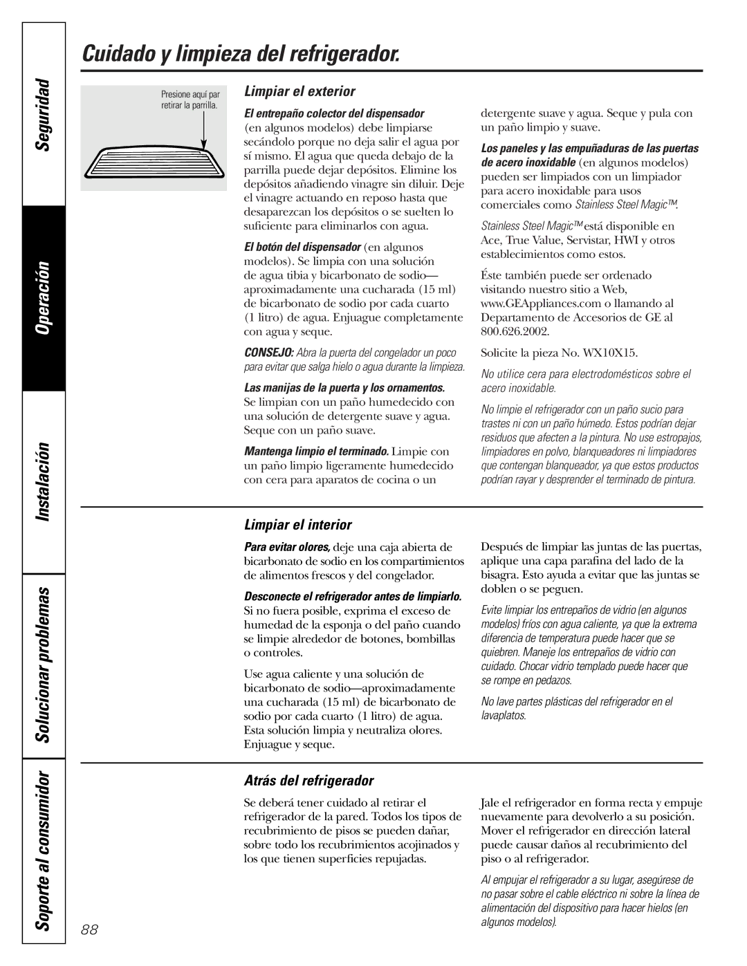 GE 49-60111 Cuidado y limpieza del refrigerador, Solucionar problemas, Limpiar el exterior, Limpiar el interior 