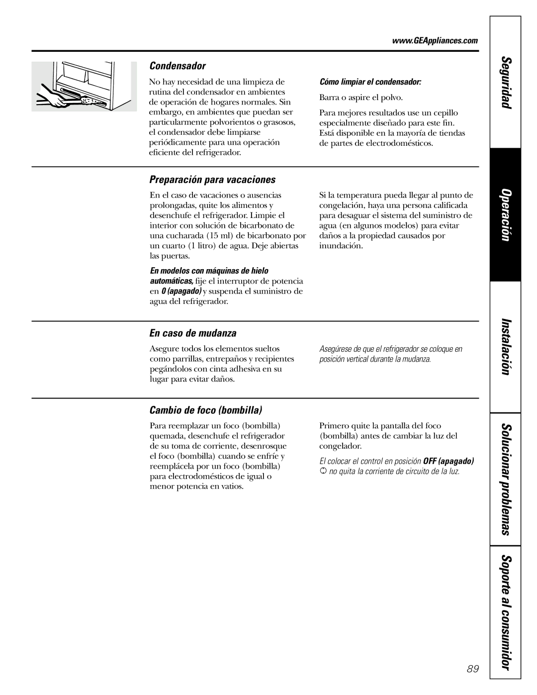 GE 162D9625P005, 49-60111 Condensador, Preparación para vacaciones, En caso de mudanza, Cambio de foco bombilla 