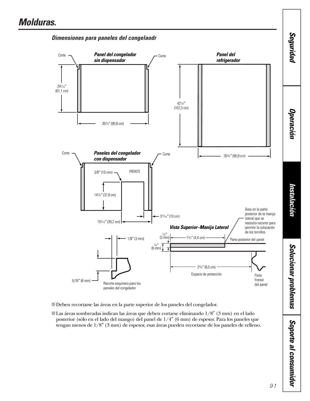 GE 162D9625P005, 49-60111 installation instructions Molduras, Dimensiones para paneles del congelaodr 