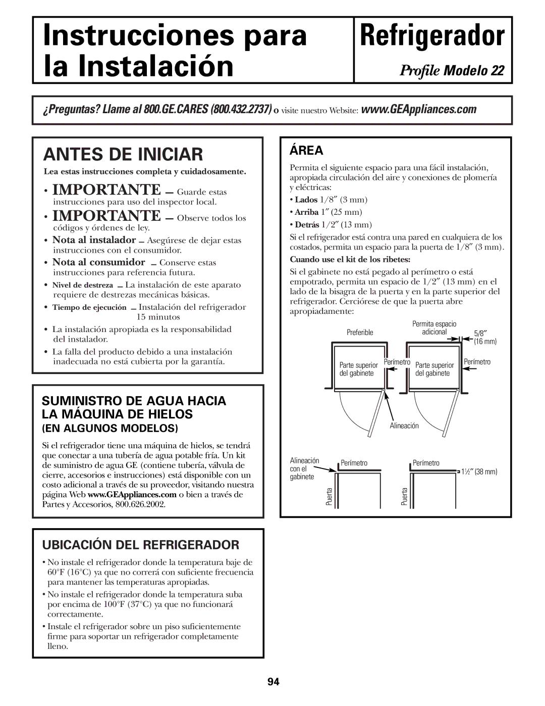 GE 49-60111 Antes DE Iniciar, Suministro DE Agua Hacia LA Máquina DE Hielos, Área, Ubicación DEL Refrigerador 