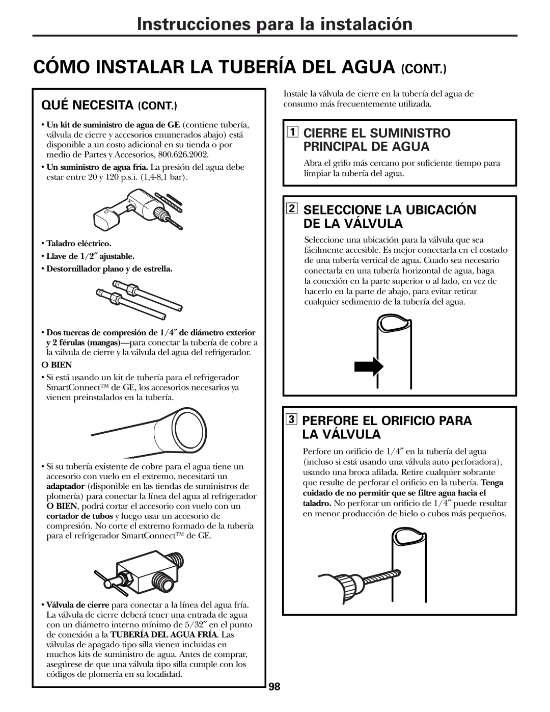 GE 49-60111 Cómo Instalar LA Tubería DEL Agua, Seleccione LA Ubicación DE LA Válvula, Perfore EL Orificio Para LA Válvula 