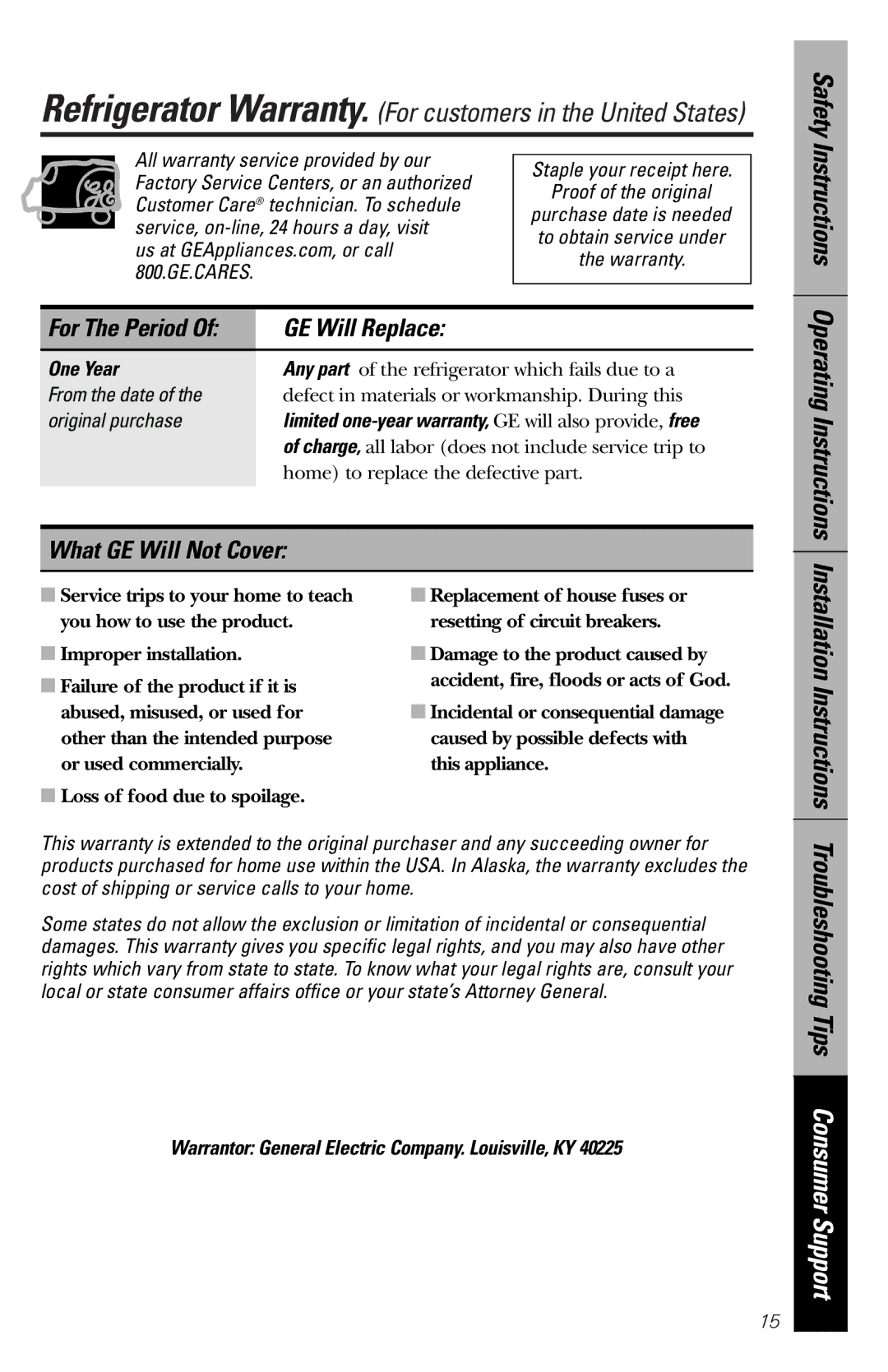 GE 49-60188-1 owner manual GE Will Replace, What GE Will Not Cover Operating Instructions 