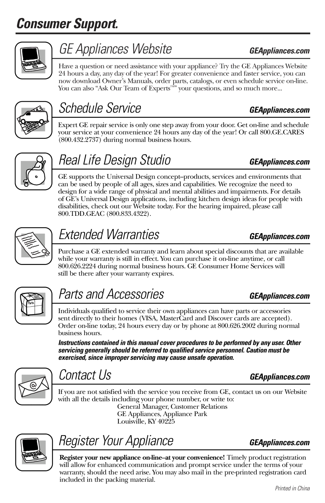 GE 49-60188-1 Consumer Support GE Appliances Website, Schedule Service, Real Life Design Studio, Extended Warranties 