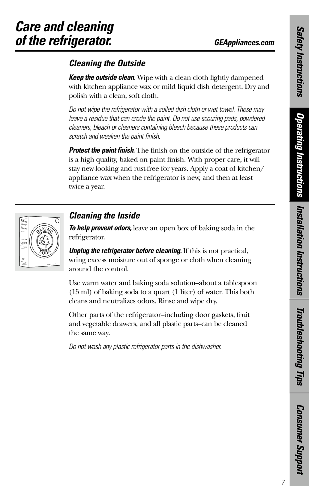 GE 49-60188-1 owner manual Care and cleaning Refrigerator, Cleaning the Outside, Cleaning the Inside 