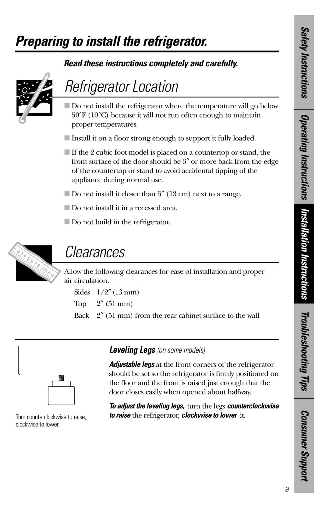 GE 49-60188-1 owner manual Preparing to install the refrigerator, Read these instructions completely and carefully 