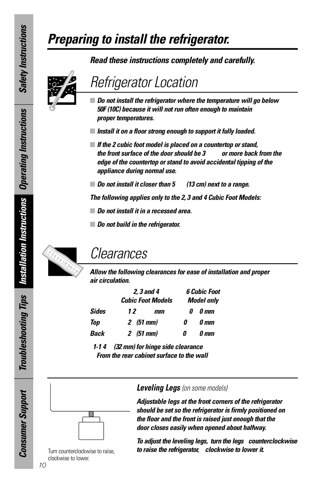 GE 49-60327 owner manual Preparing to install the refrigerator, Read these instructions completely and carefully 