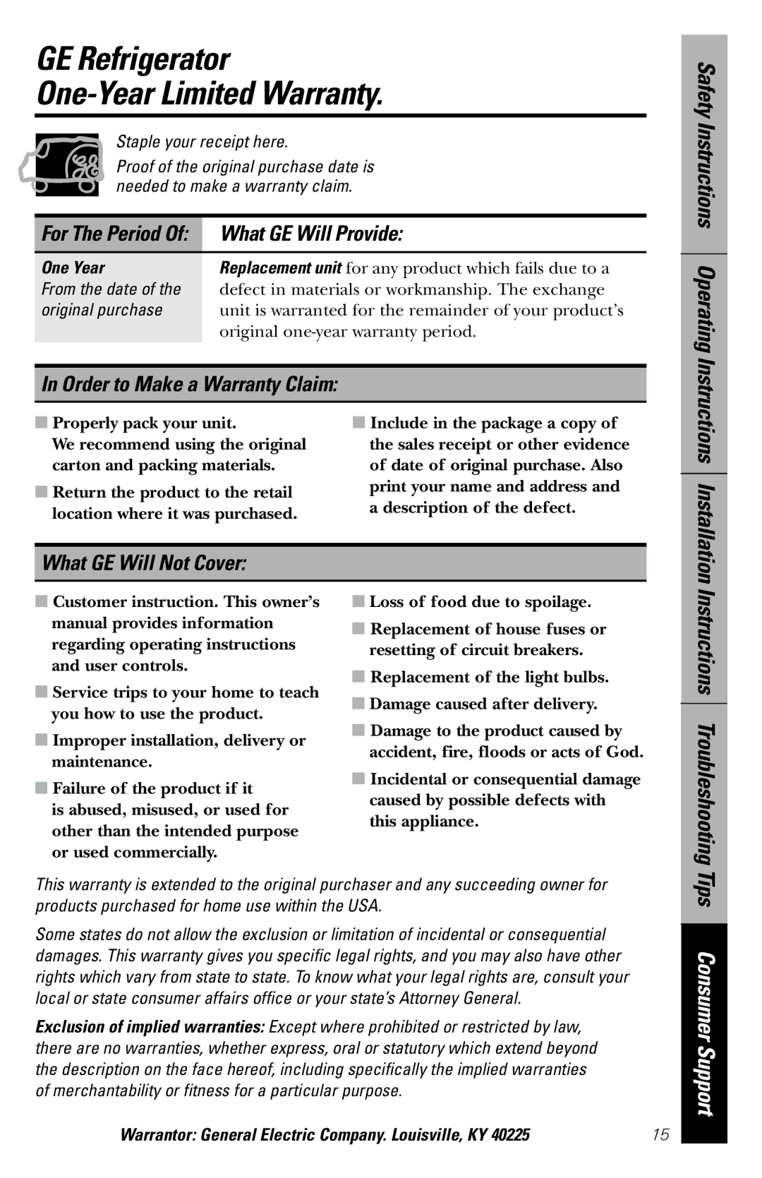 GE 49-60327 owner manual GE Refrigerator One-Year Limited Warranty, What GE Will Provide, Order to Make a Warranty Claim 