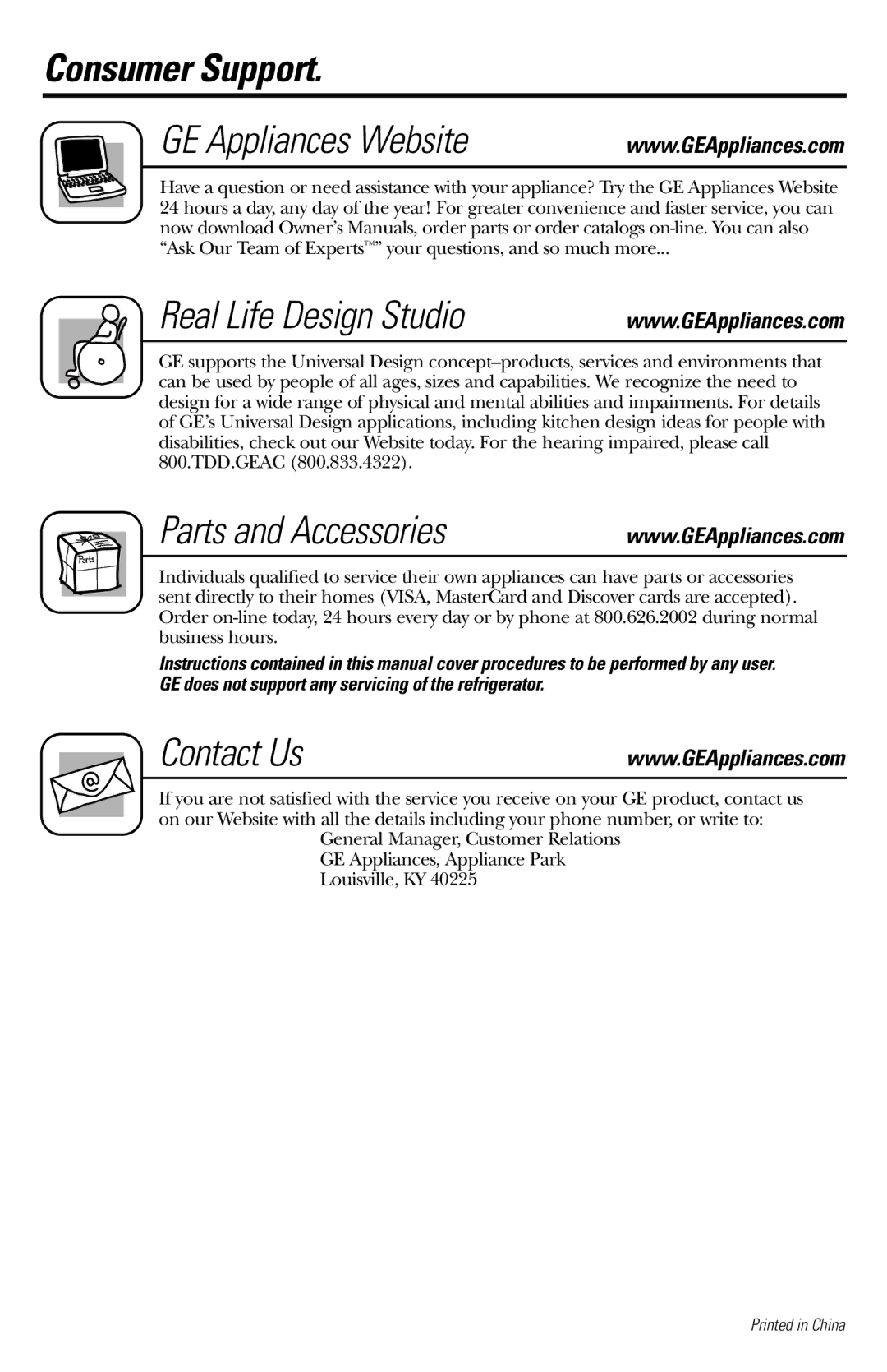 GE 49-60327 owner manual Parts and Accessories, Contact Us 