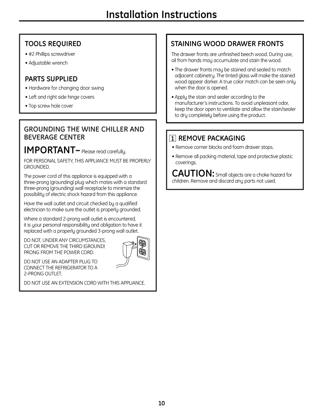 GE 49-60451 Tools Required, Parts Supplied, Grounding the Wine Chiller and Beverage Center, Staining Wood Drawer Fronts 