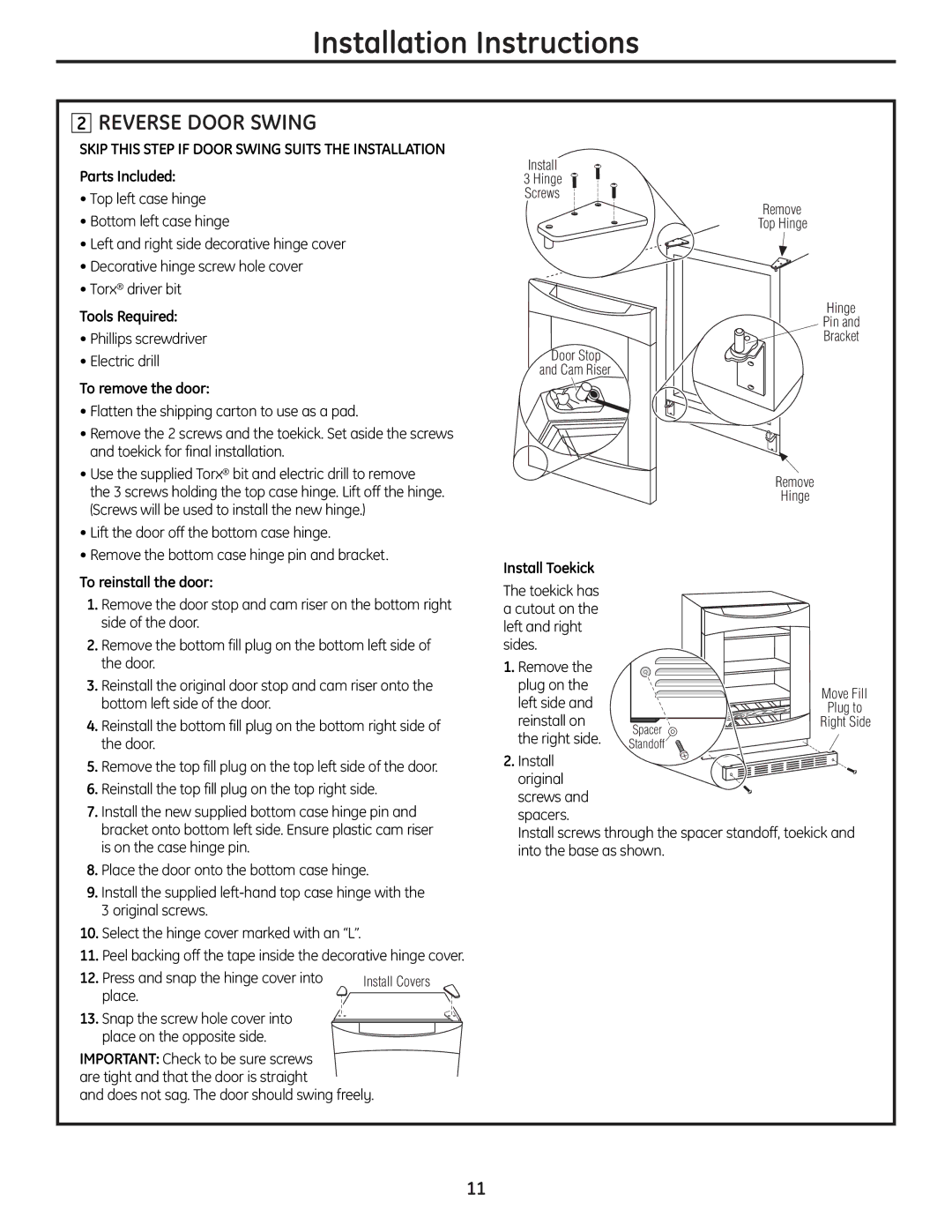 GE 197D7188P001, 49-60451 operating instructions Reverse Door Swing 