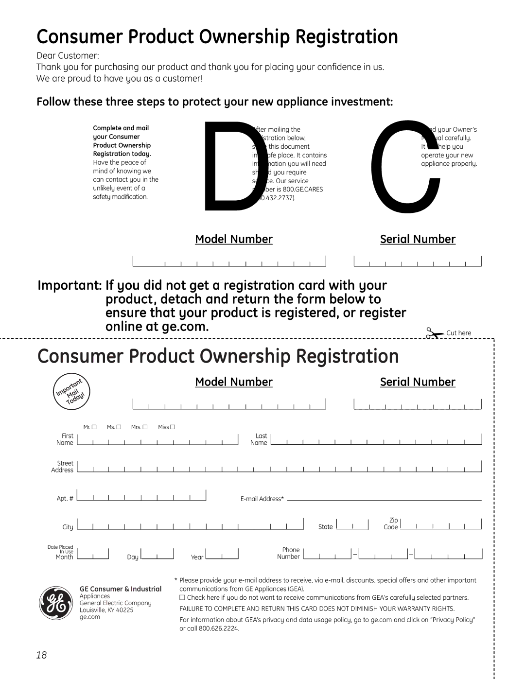 GE 49-60451, 197D7188P001 operating instructions Consumer Product Ownership Registration 