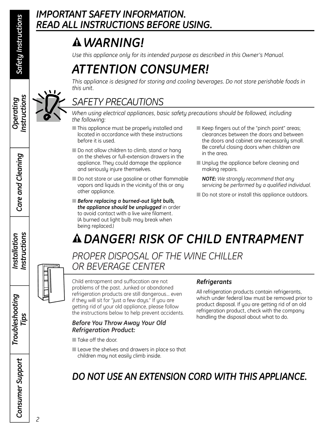 GE 49-60451, 197D7188P001 operating instructions Operating Instructions, Care and Cleaning, Tips Consumer Support 