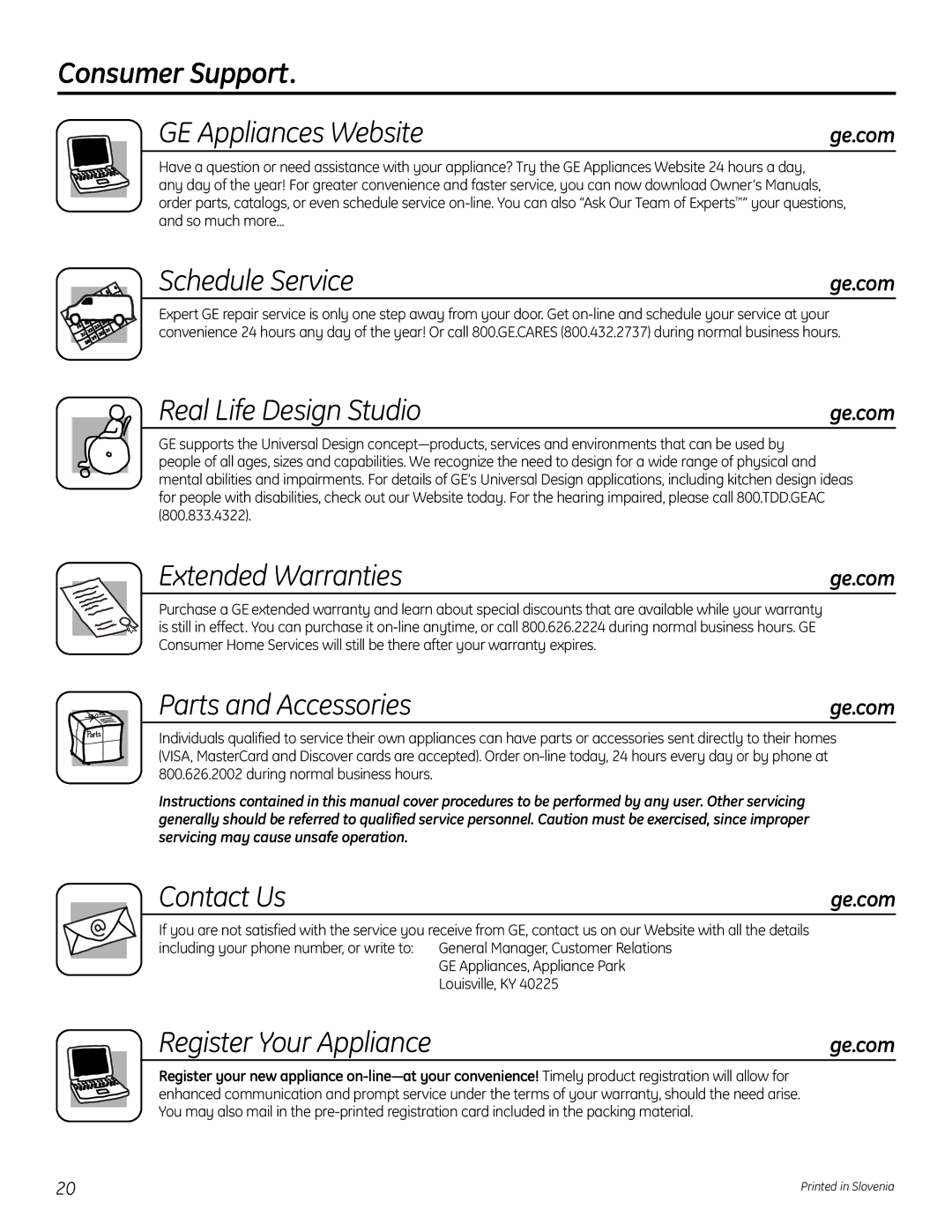 GE 49-60451 Consumer Support GE Appliances Website, Schedule Service, Real Life Design Studio, Extended Warranties 