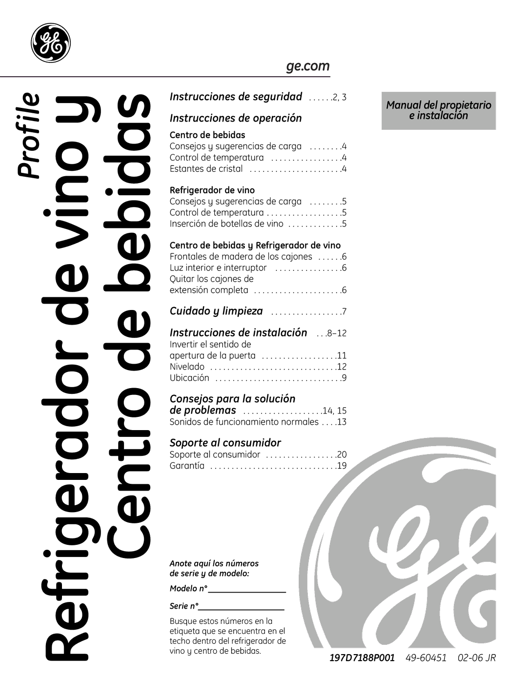 GE 197D7188P001, 49-60451 operating instructions Refrigerador Centro de 