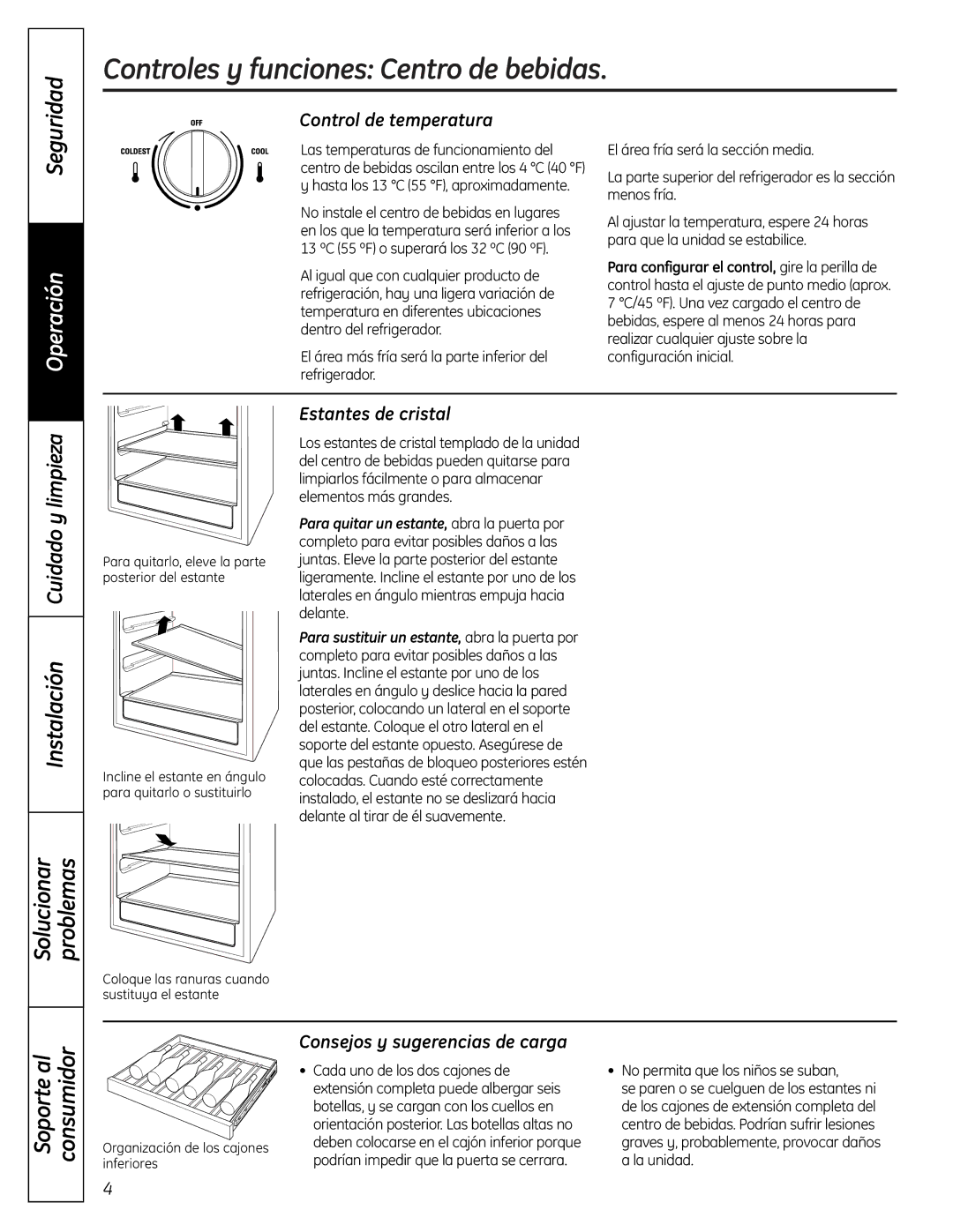 GE 49-60451, 197D7188P001 Controles y funciones Centro de bebidas, Instalación Cuidado y limpieza, Control de temperatura 