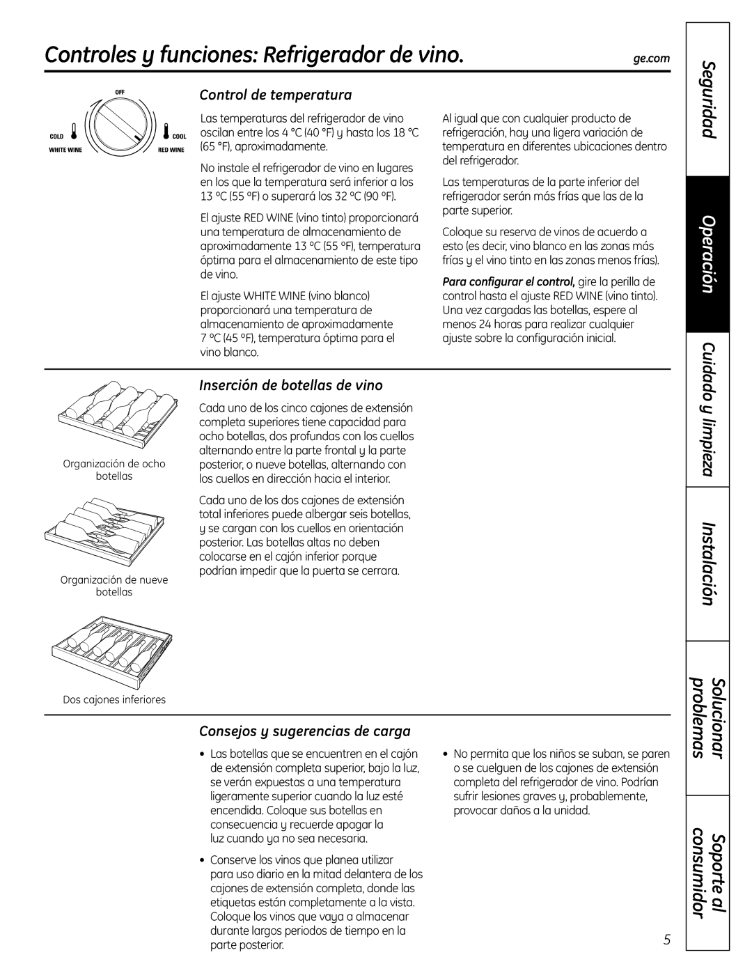 GE 197D7188P001, 49-60451 operating instructions Controles y funciones Refrigerador de vino, Inserción de botellas de vino 