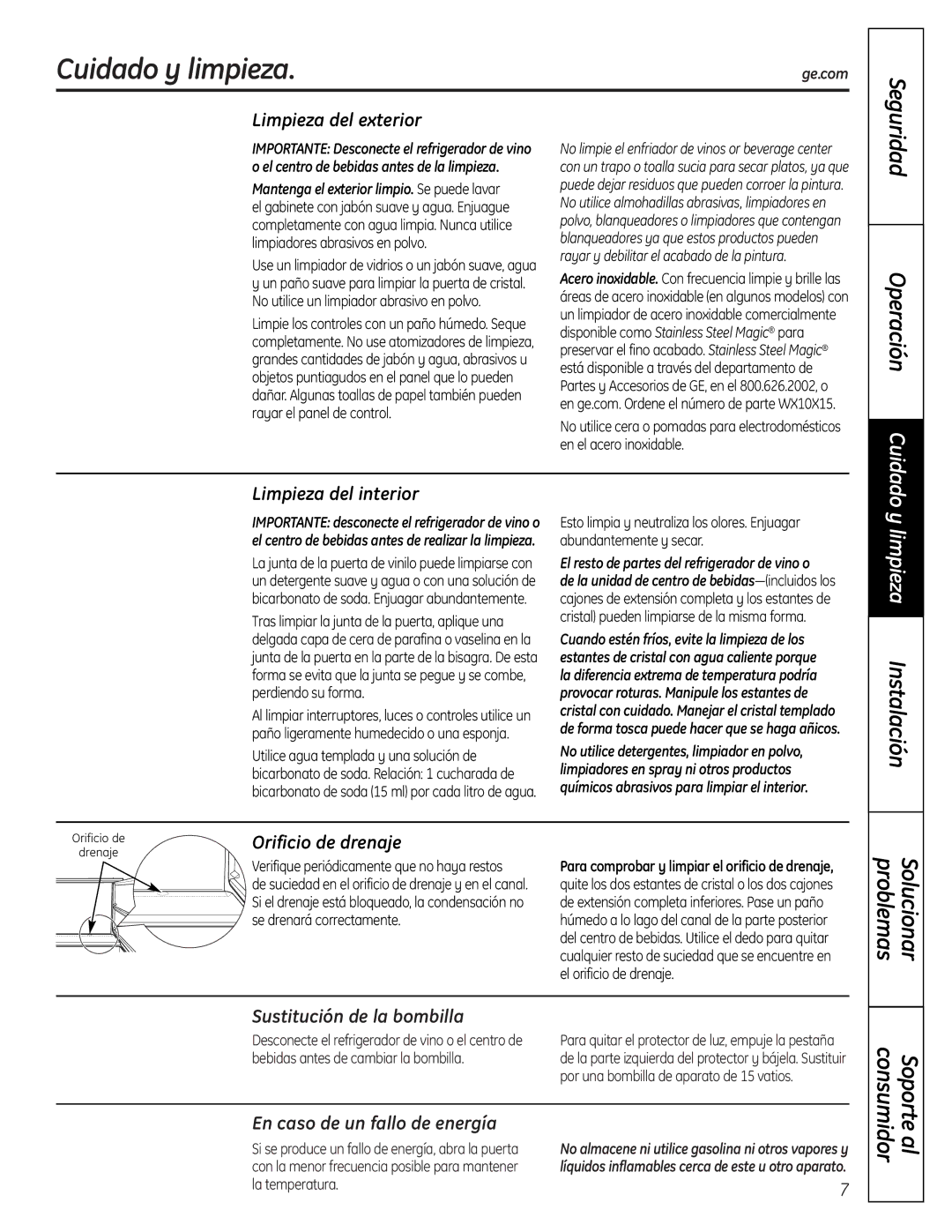 GE 197D7188P001, 49-60451 operating instructions Cuidado y limpieza 