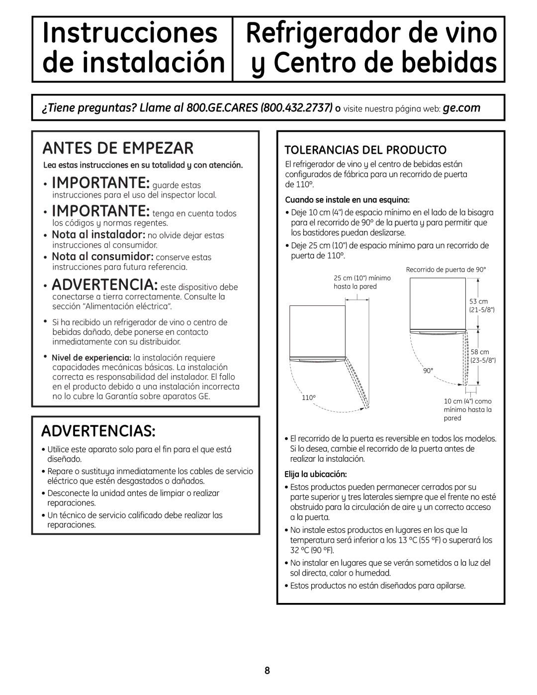 GE 49-60451 Tolerancias DEL Producto, Lea estas instrucciones en su totalidad y con atención, Elija la ubicación 