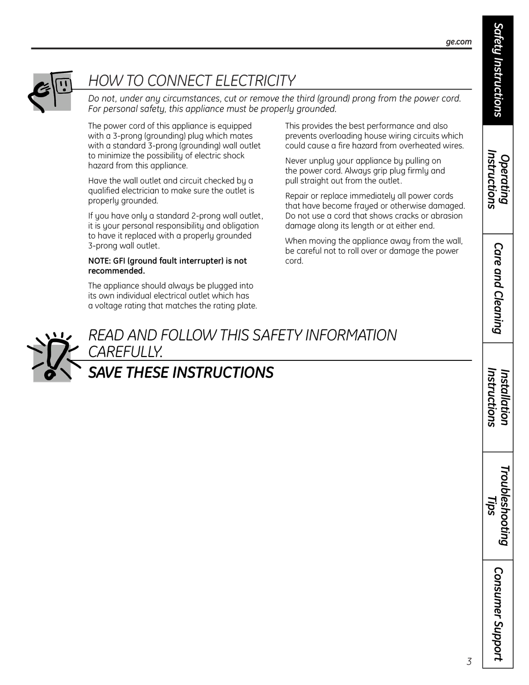 GE 197D7188P001, 49-60451 operating instructions Troubleshooting, Instructions 