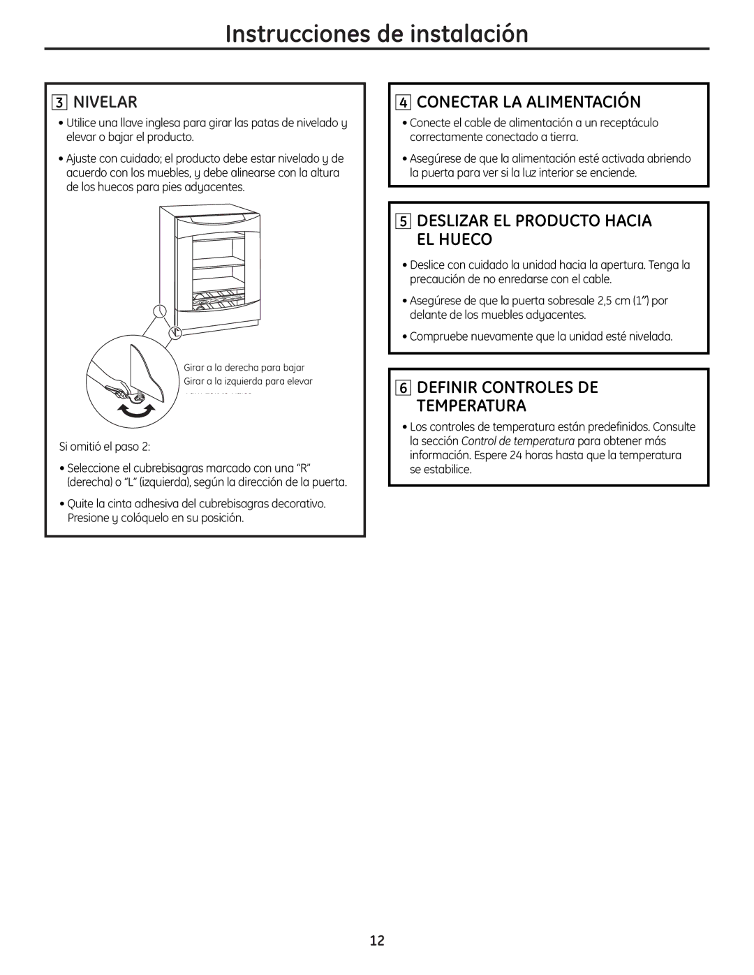 GE 49-60451 Nivelar, Conectar LA Alimentación, Deslizar EL Producto Hacia EL Hueco, Definir Controles DE Temperatura 