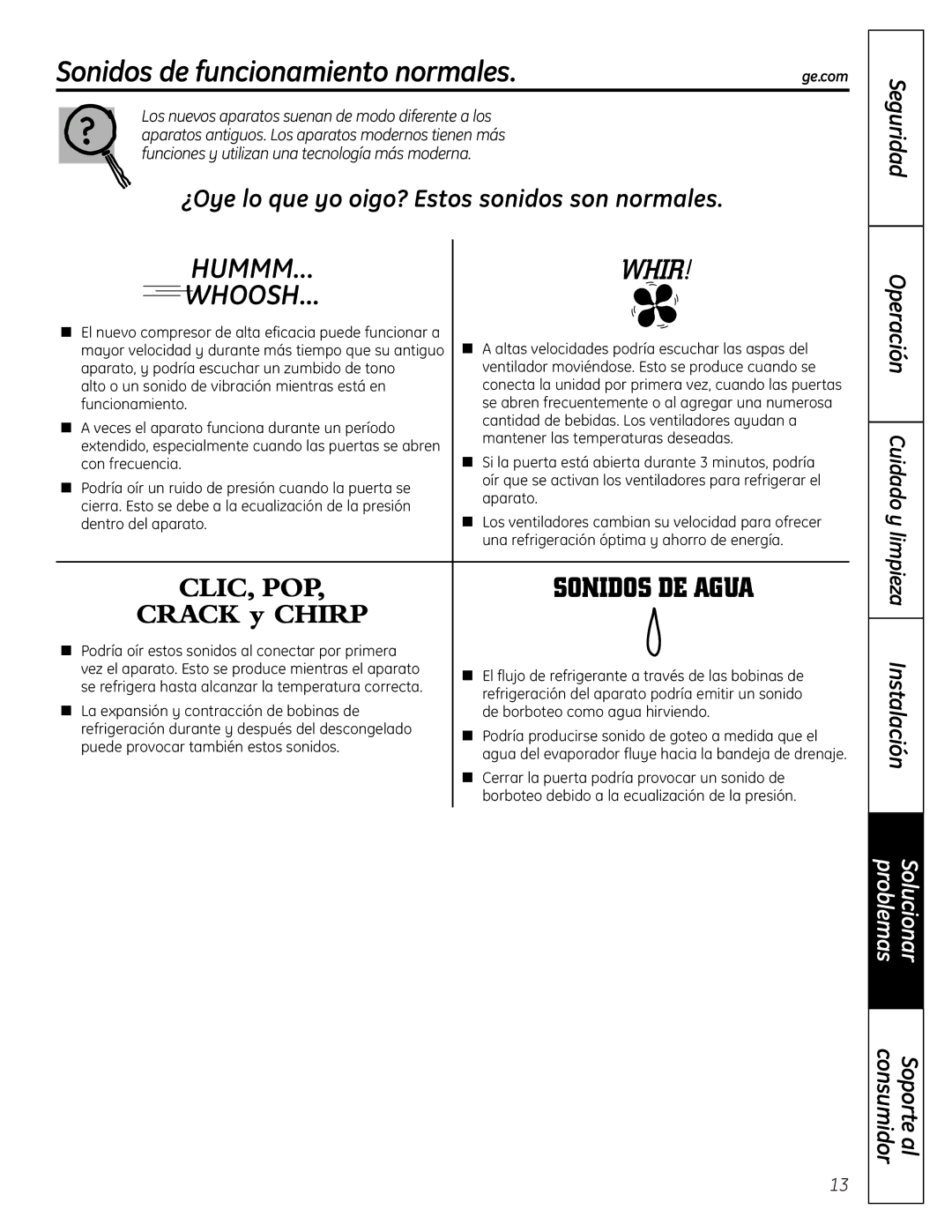 GE 197D7188P001, 49-60451 operating instructions Sonidos de funcionamiento normales, Whoosh 