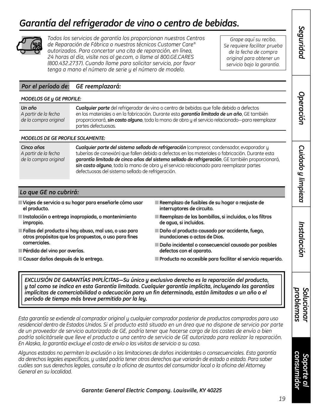 GE 197D7188P001, 49-60451 Garantía del refrigerador de vino o centro de bebidas, Por el período de GE reemplazará 