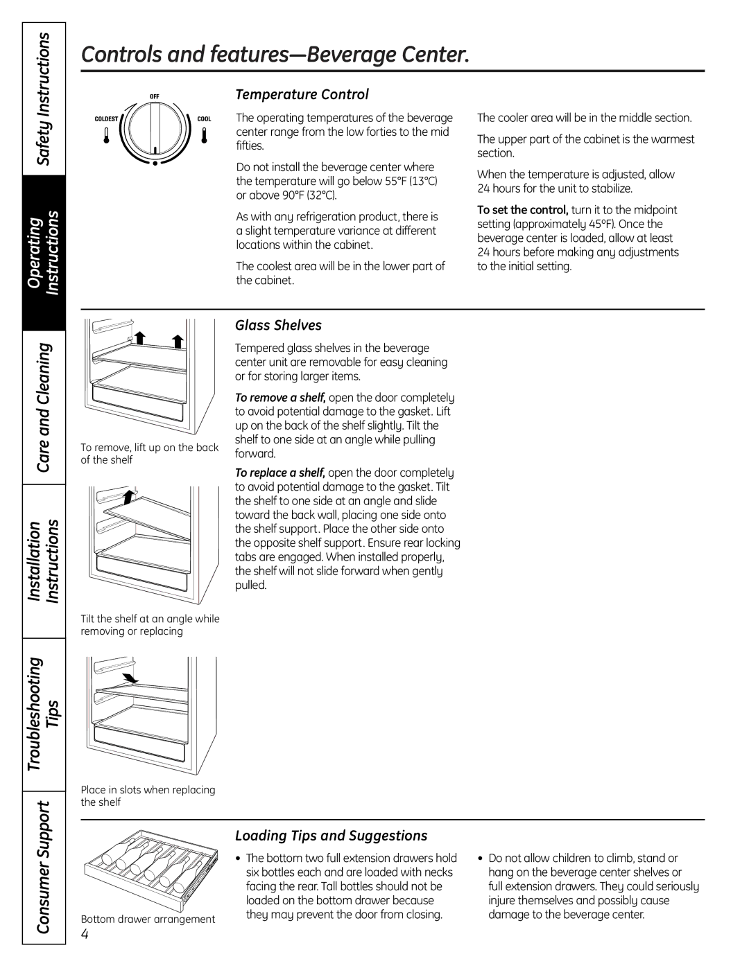 GE 49-60451 Controls and features-Beverage Center, Careand Cleaning, Installation Instructions Tips Support, Consumer 