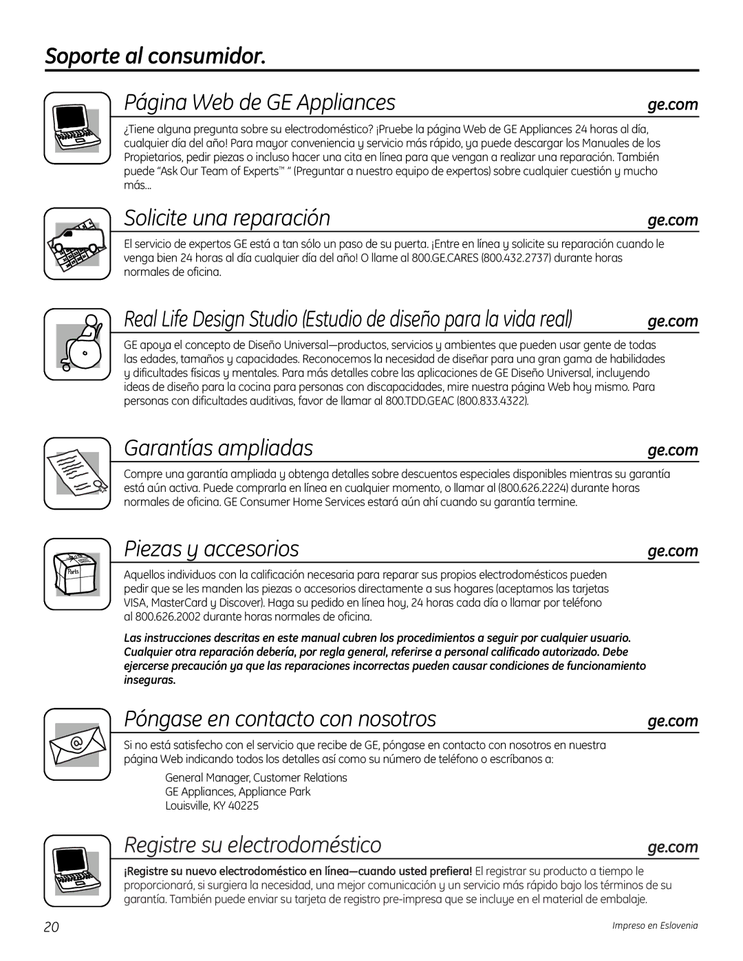 GE 49-60451, 197D7188P001 Soporte al consumidor Página Web de GE Appliances, Solicite una reparación, Garantías ampliadas 