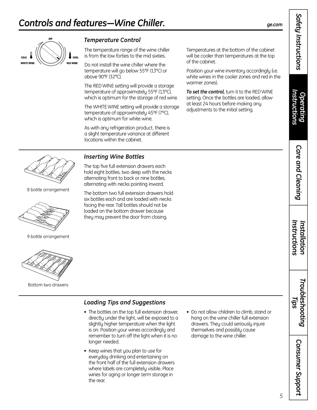 GE 197D7188P001, 49-60451 operating instructions Controls and features-Wine Chiller, Inserting Wine Bottles 