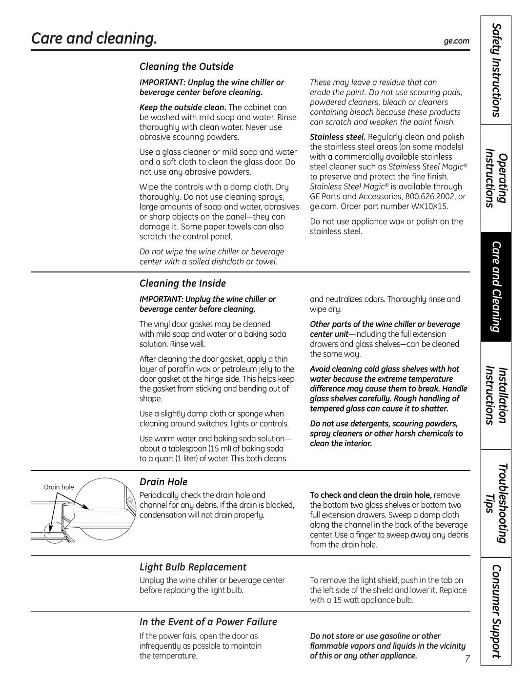 GE 197D7188P001, 49-60451 operating instructions Care and cleaning, Instructions Operating 