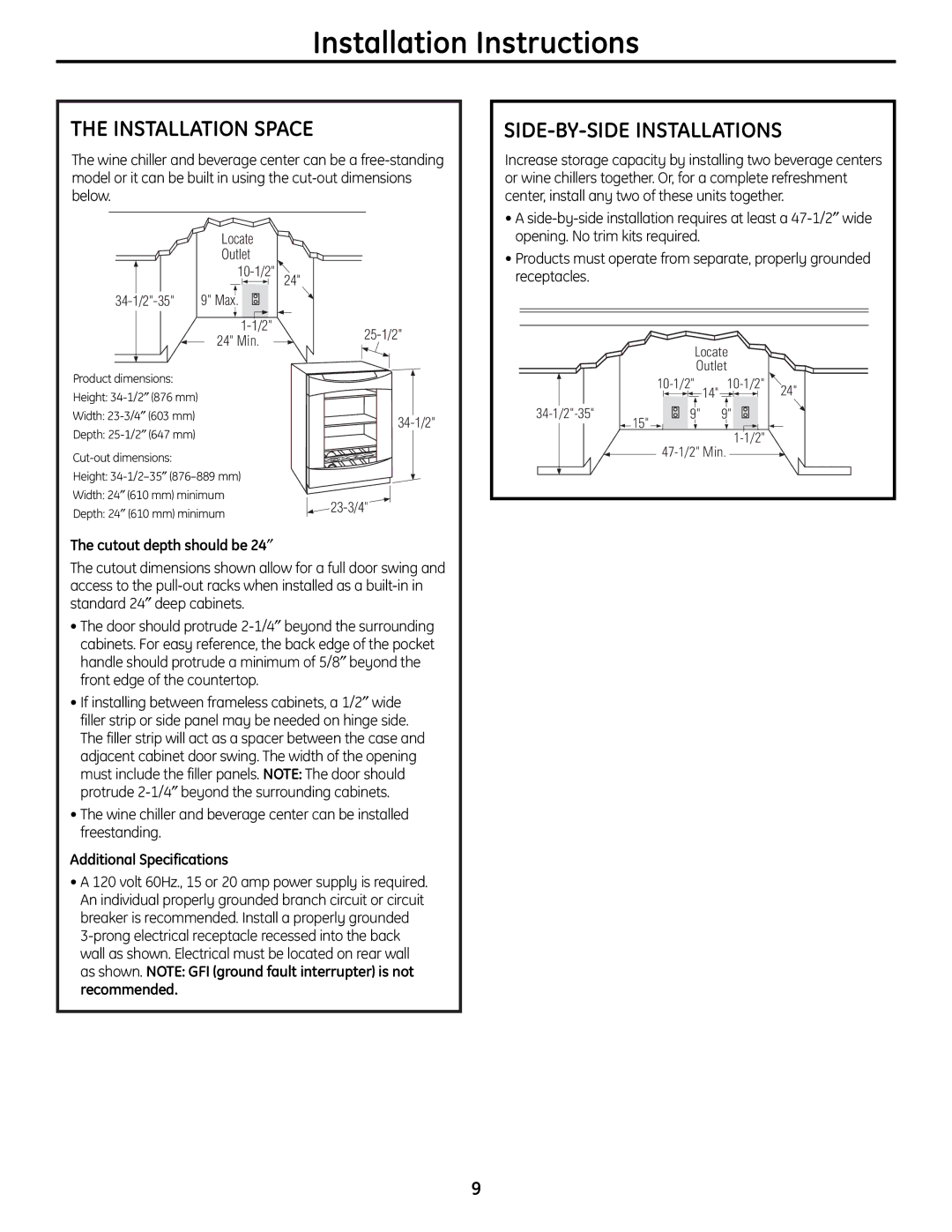 GE 197D7188P001 Installation Space, SIDE-BY-SIDE Installations, Cutout depth should be 24″, Additional Specifications 