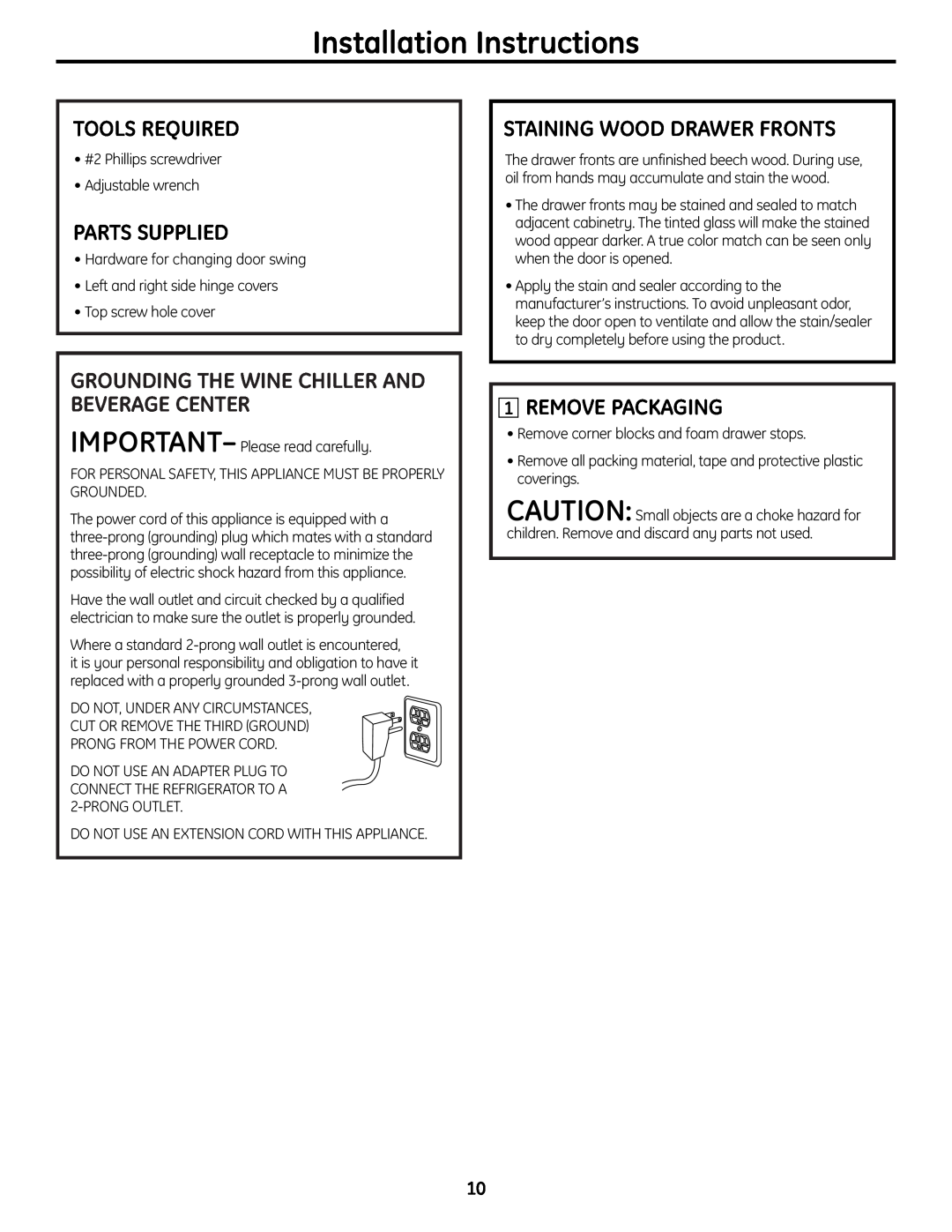 GE 49-60451 Tools Required, Parts Supplied, Grounding The Wine Chiller And Beverage Center, Staining Wood Drawer Fronts 