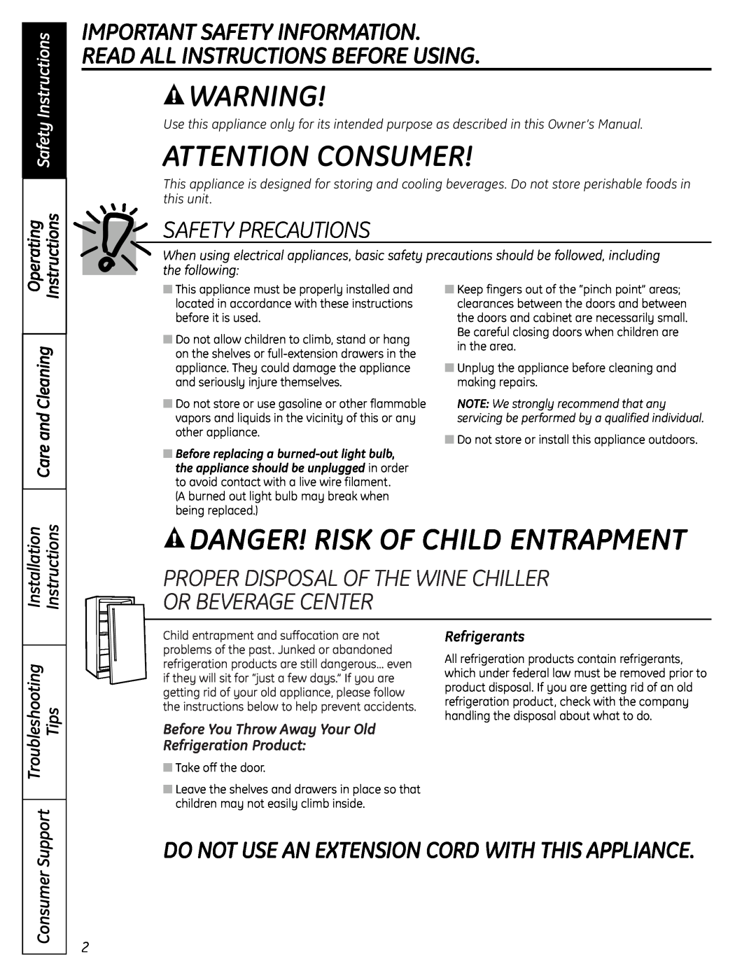 GE 49-60451 Attention Consumer, Danger! Risk Of Child Entrapment, Safety Precautions, Safety Instructions, Operating 