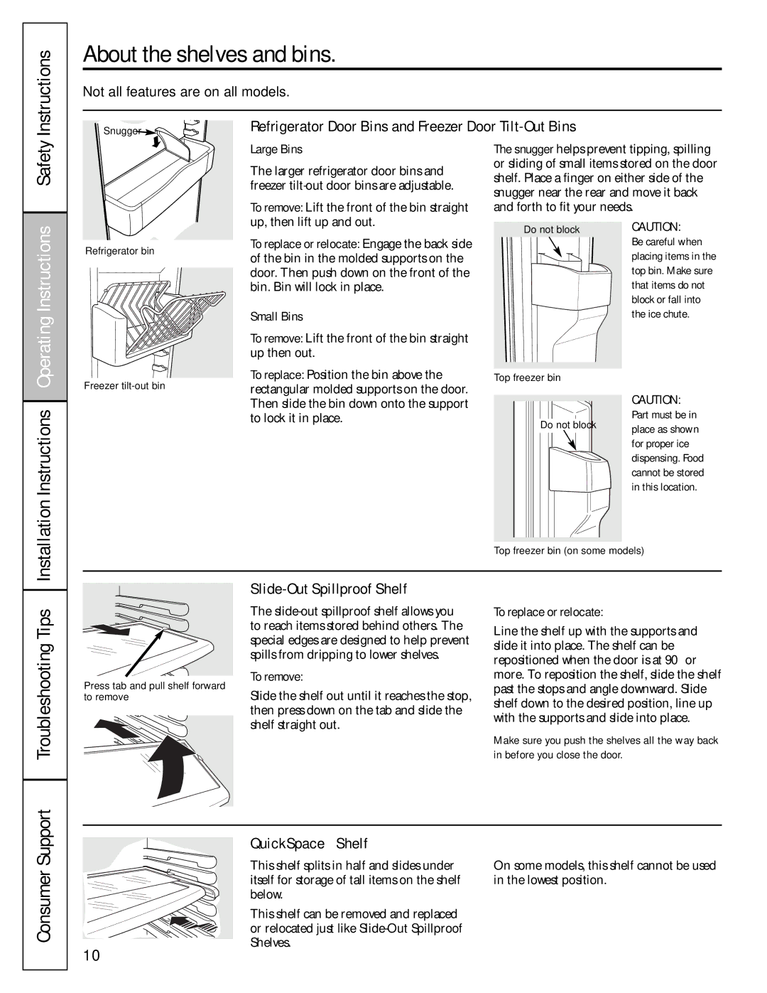 GE 49-60456, 200D8074P009 manual About the shelves and bins, Instructions, Troubleshooting Tips 