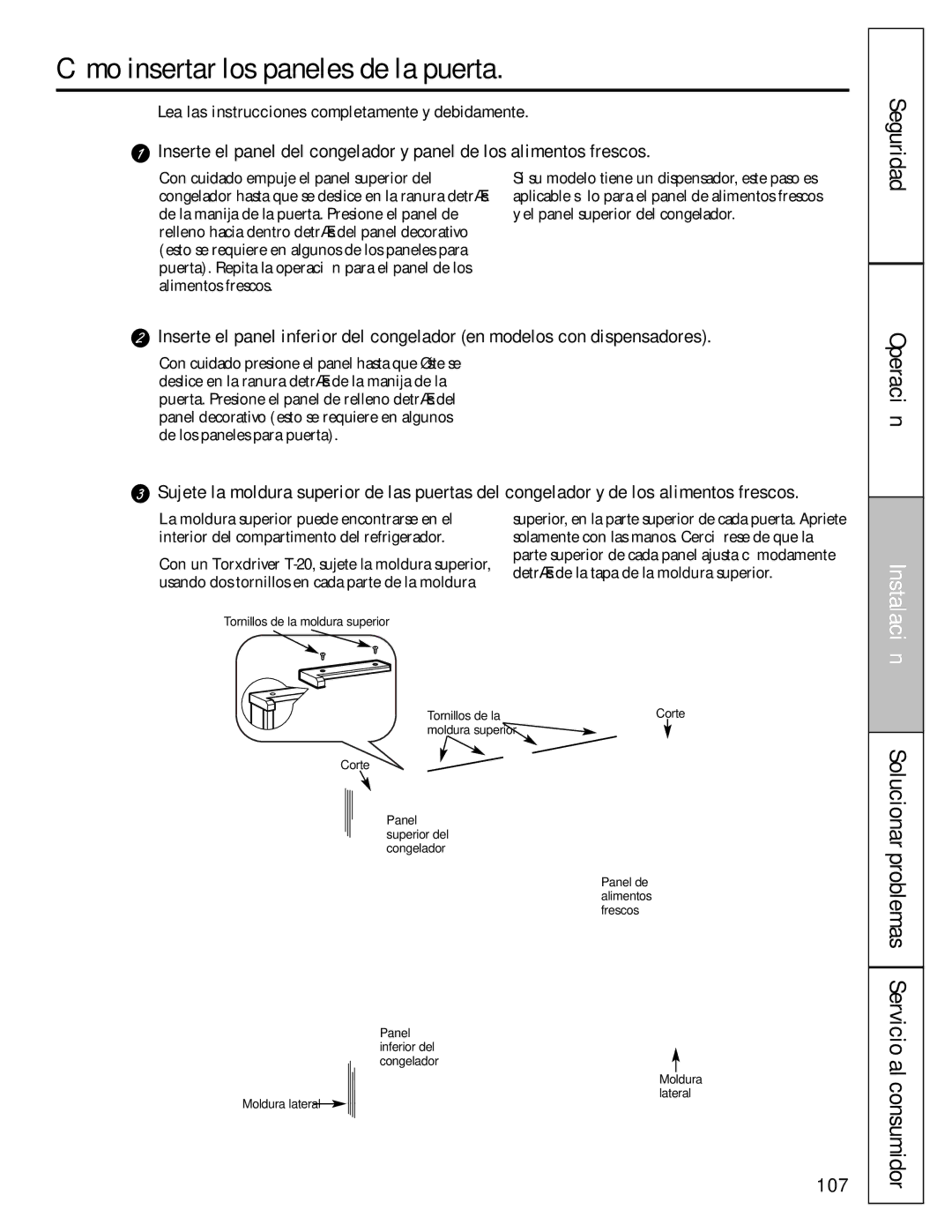 GE 200D8074P009, 49-60456 manual Cómo insertar los paneles de la puerta 