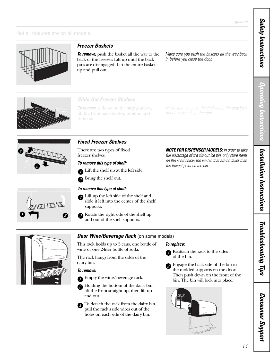 GE 200D8074P009, 49-60456 Installation Instructions, Freezer Baskets, Slide-Out Freezer Shelves, Fixed Freezer Shelves 