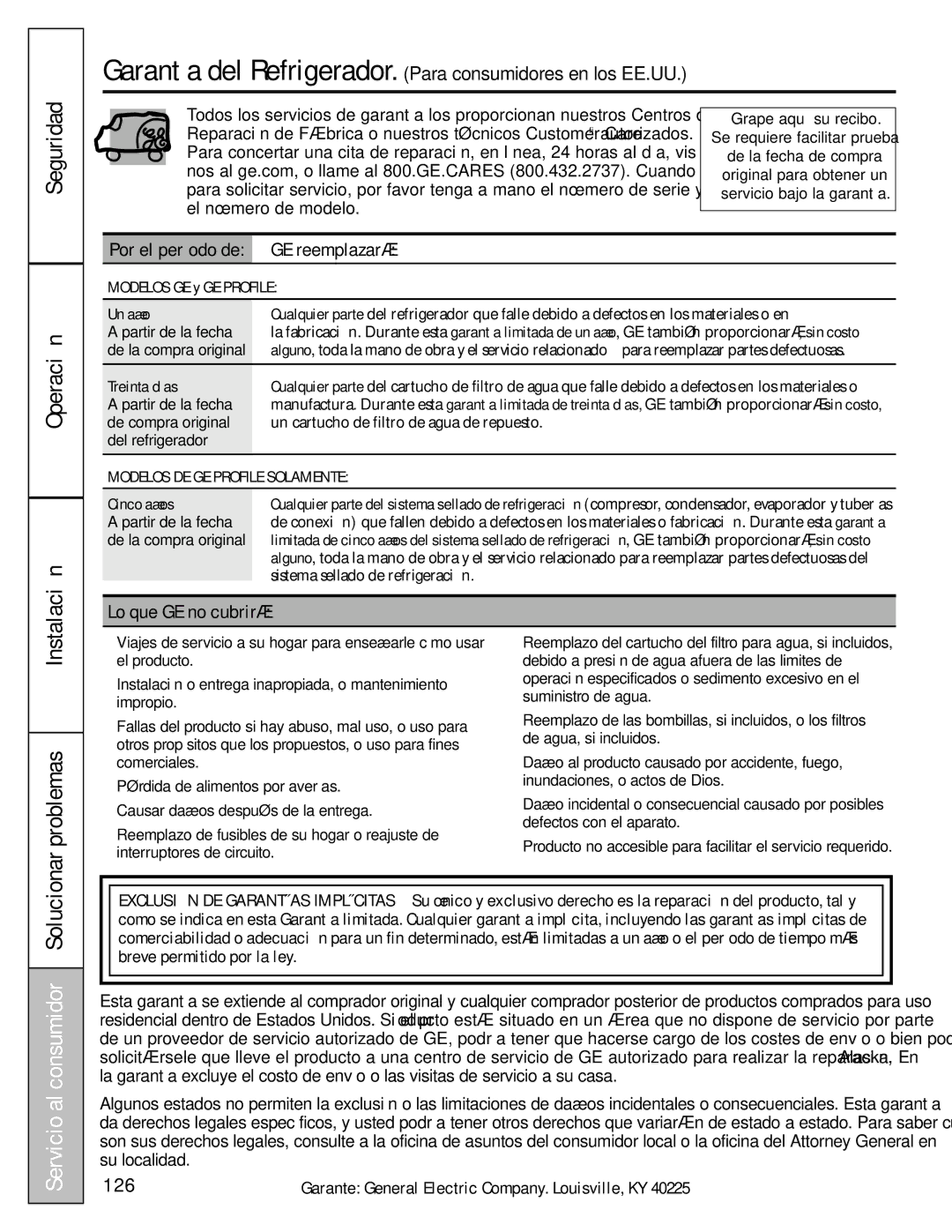 GE 49-60456, 200D8074P009 manual Por el período de GE reemplazará, Lo que GE no cubrirá, 126 