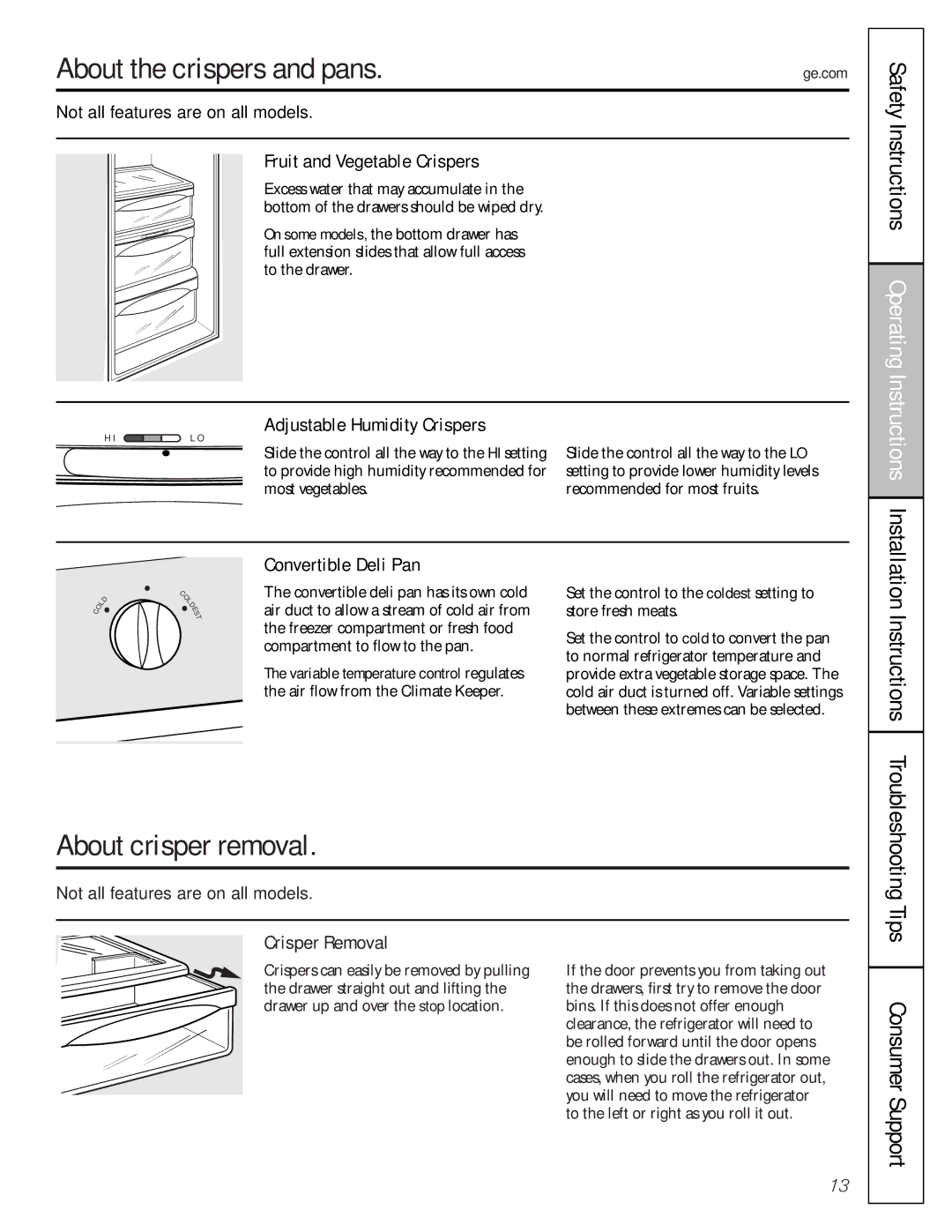 GE 200D8074P009, 49-60456 manual About the crispers and pans, About crisper removal, Crisper Removal 