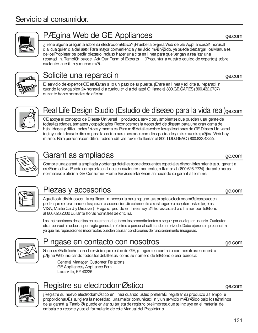 GE 200D8074P009, 49-60456 Servicio al consumidor Página Web de GE Appliances, Solicite una reparación, Garantías ampliadas 