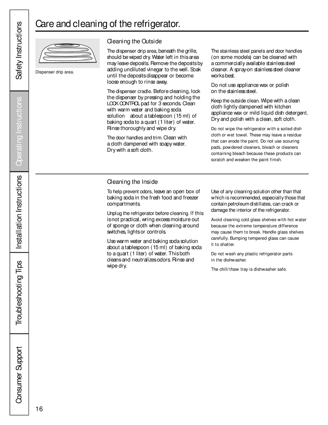 GE 49-60456, 200D8074P009 manual Care and cleaning of the refrigerator, Cleaning the Outside, Cleaning the Inside 